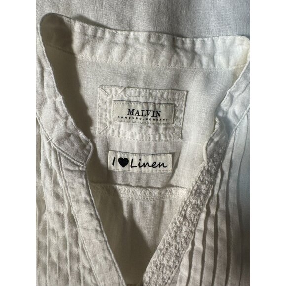 MALVIN I Love 100% Linen Top Blouse Womens S White V-Neck Button Front Pintuck - Picture 2 of 11
